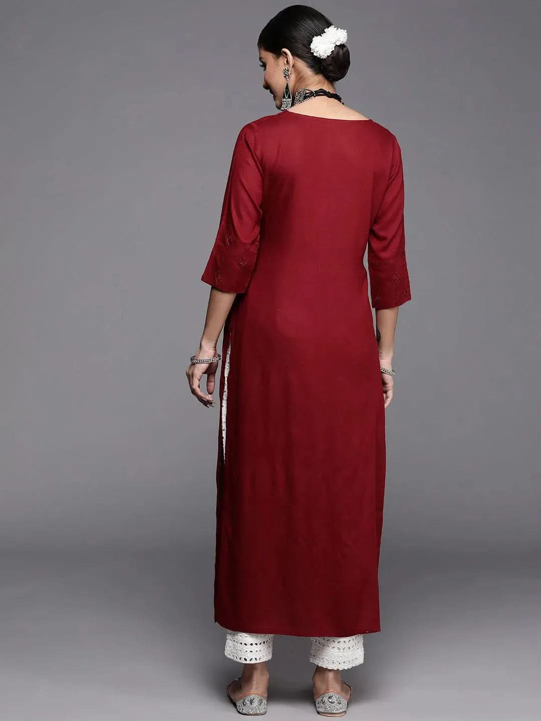 Maroon Embroidered Rayon Kurta - Libas