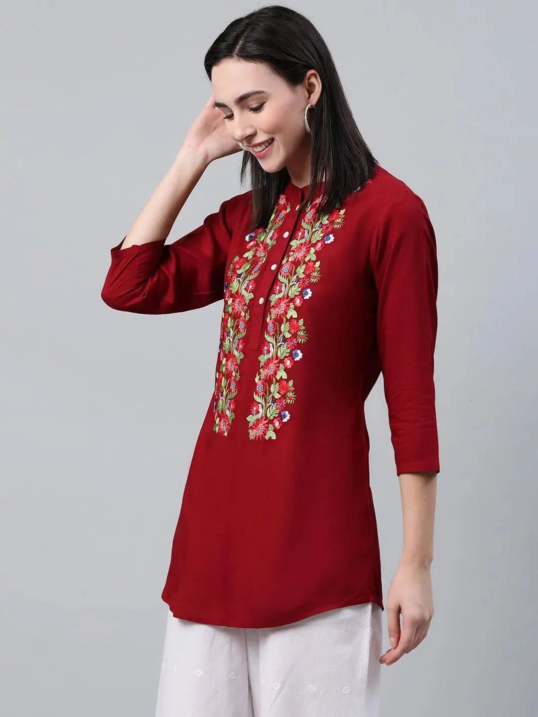 Maroon Embroidered Rayon Kurti
Maroon Embroidered Rayon Kurti
