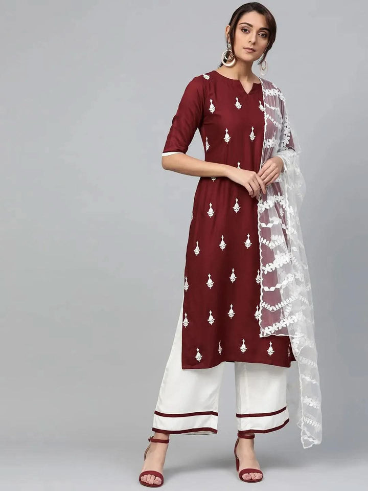 Maroon Embroidered Rayon Suit Set - Libas