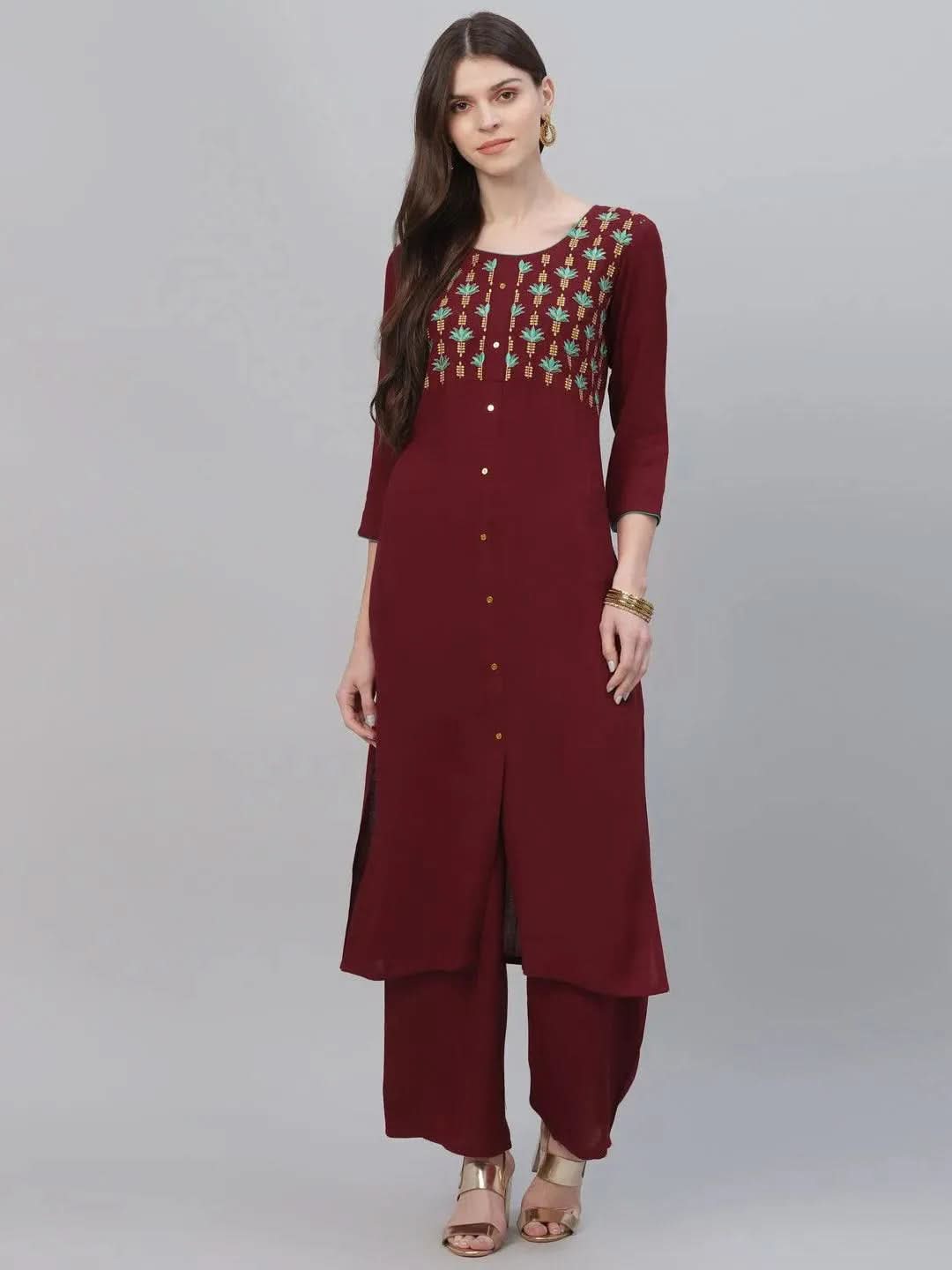 Maroon Embroidered Rayon Kurta Set - Libas