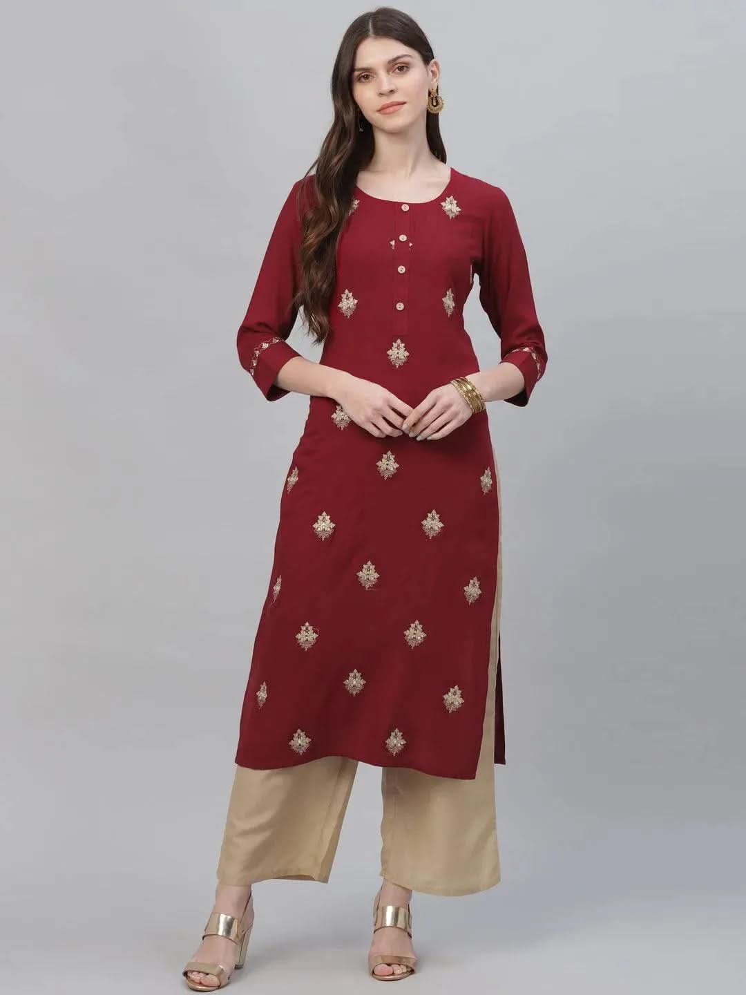 Maroon Embroidered Rayon Kurta Set - Libas