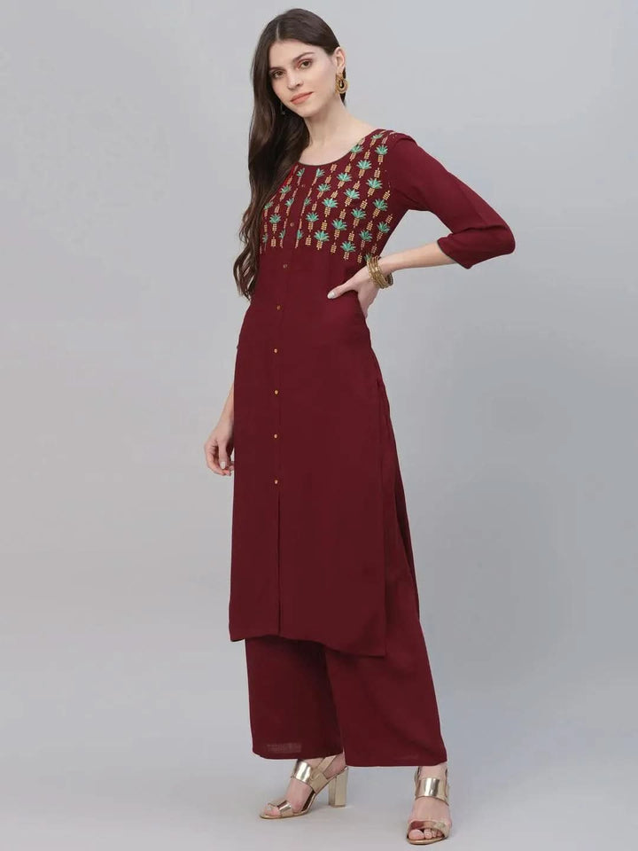 Maroon Embroidered Rayon Kurta Set - Libas