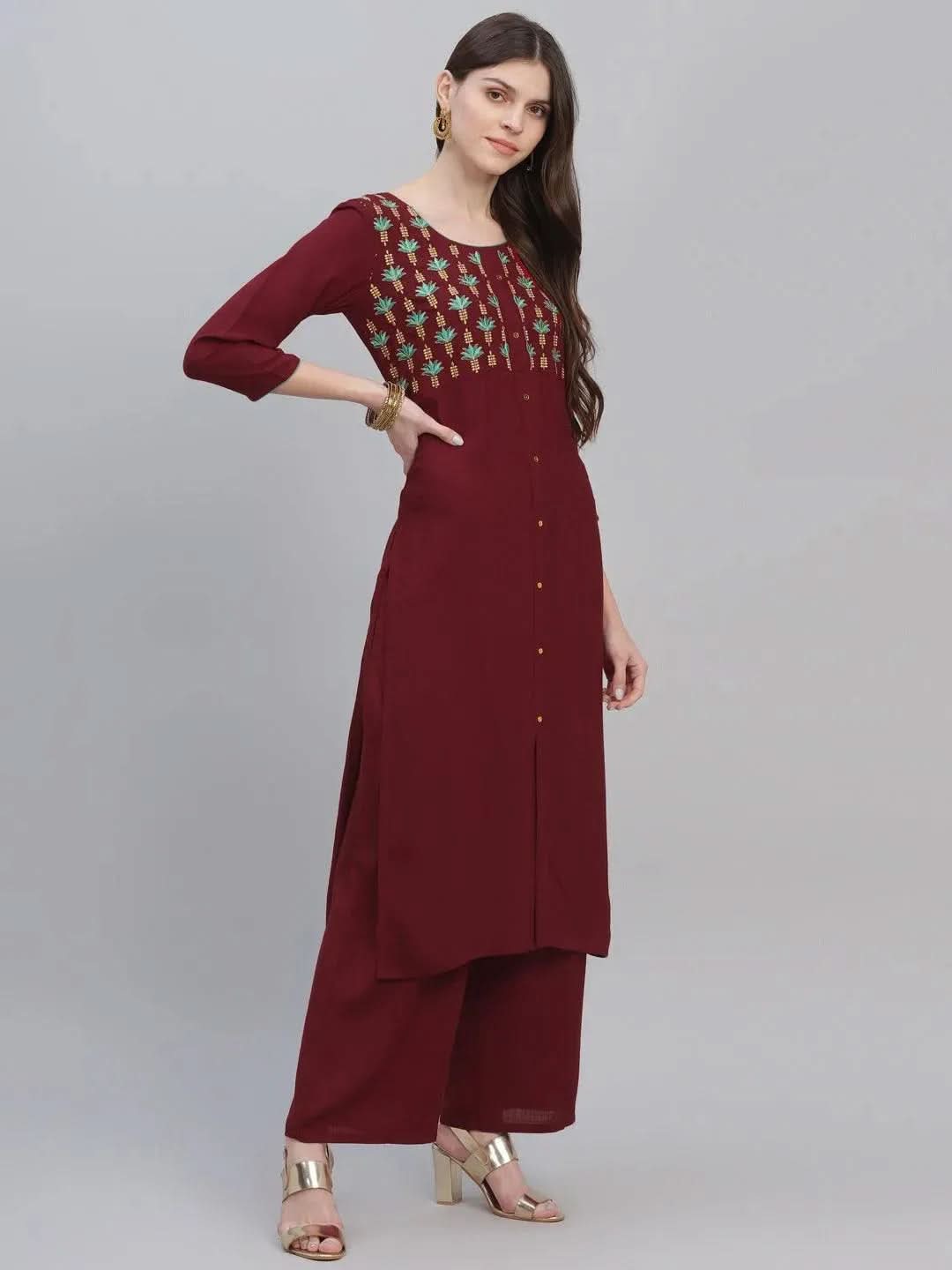 Maroon Embroidered Rayon Straight Kurta With Palazzos 
Maroon Embroidered Rayon Straight Kurta With Palazzos