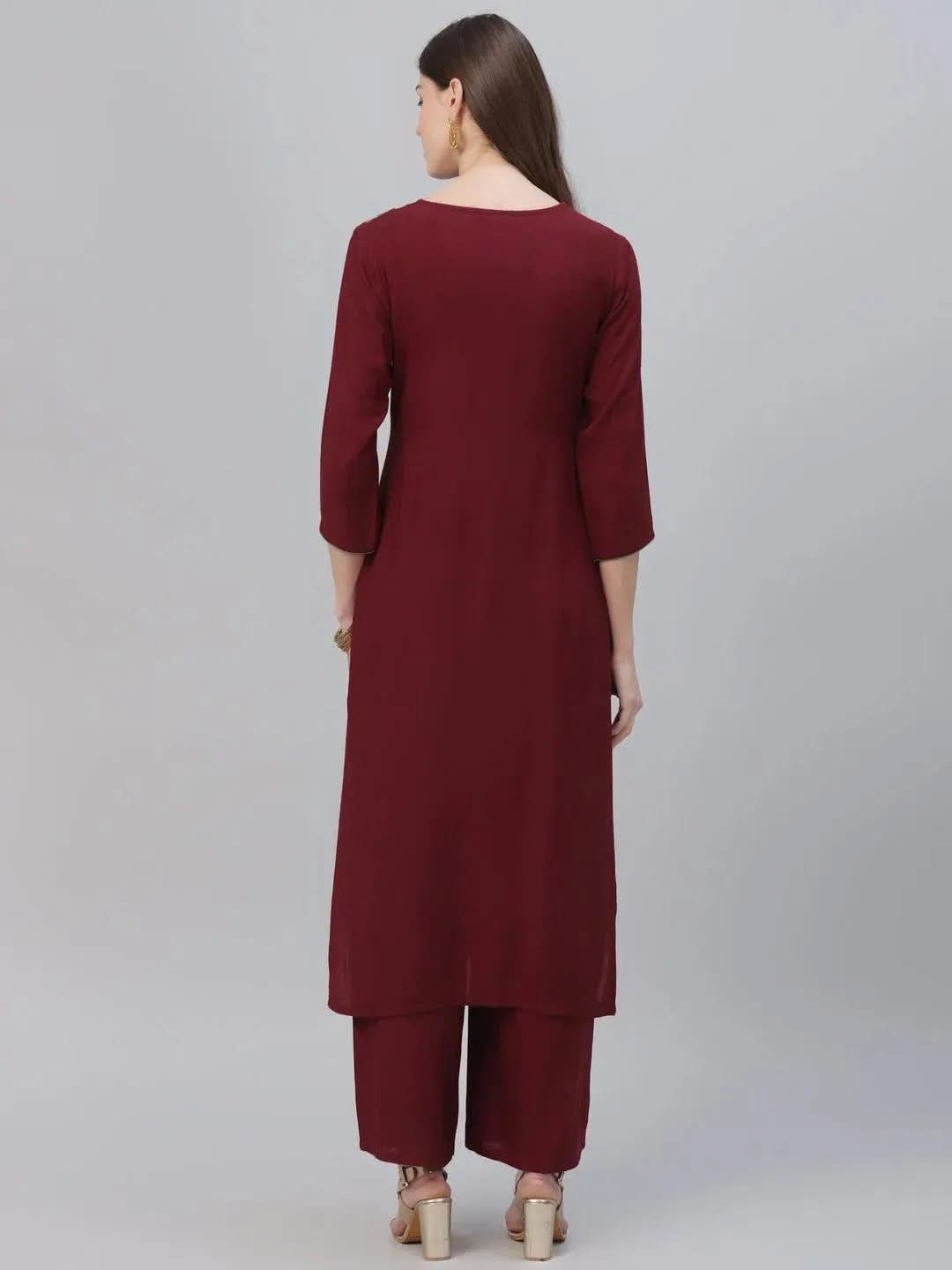 Maroon Embroidered Rayon Kurta Set - Libas