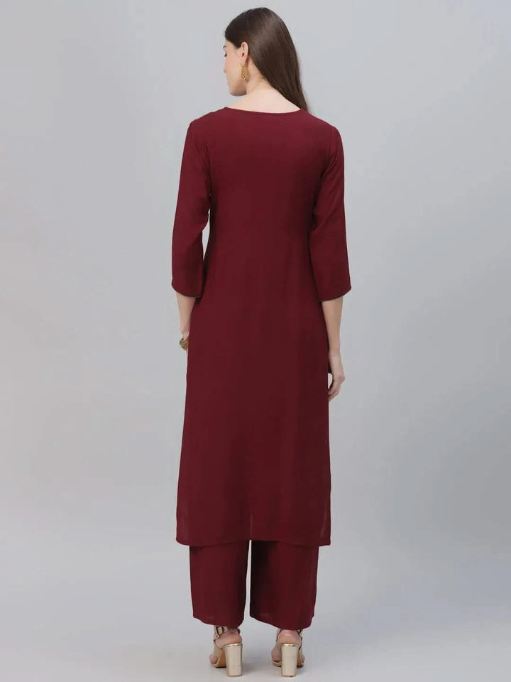 Maroon Embroidered Rayon Kurta Set - Libas