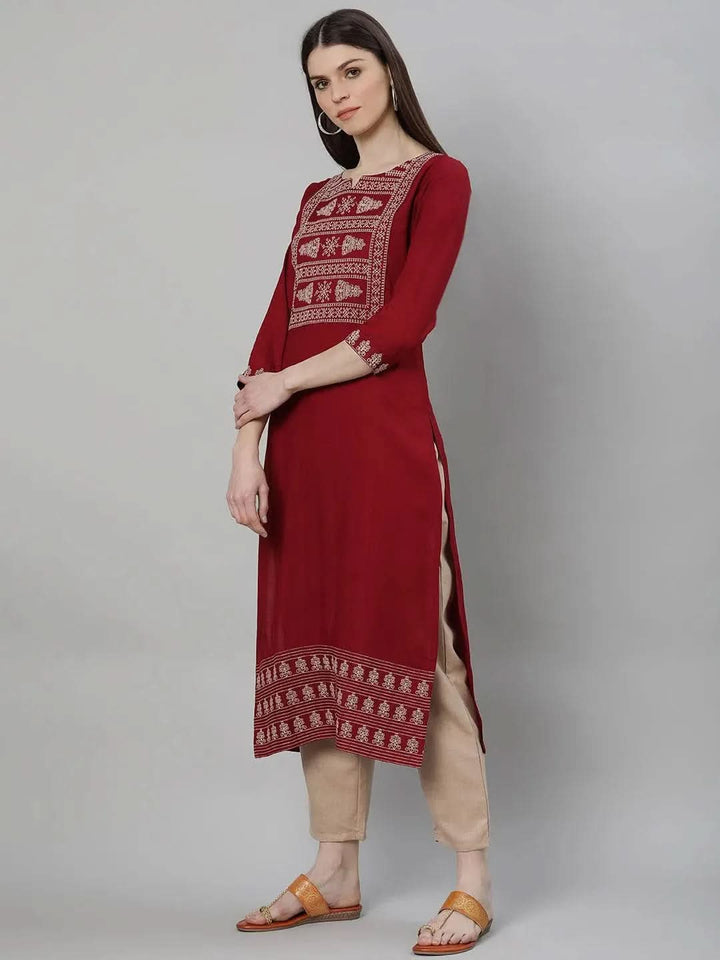 Maroon Embroidered Rayon Kurta Set - Libas