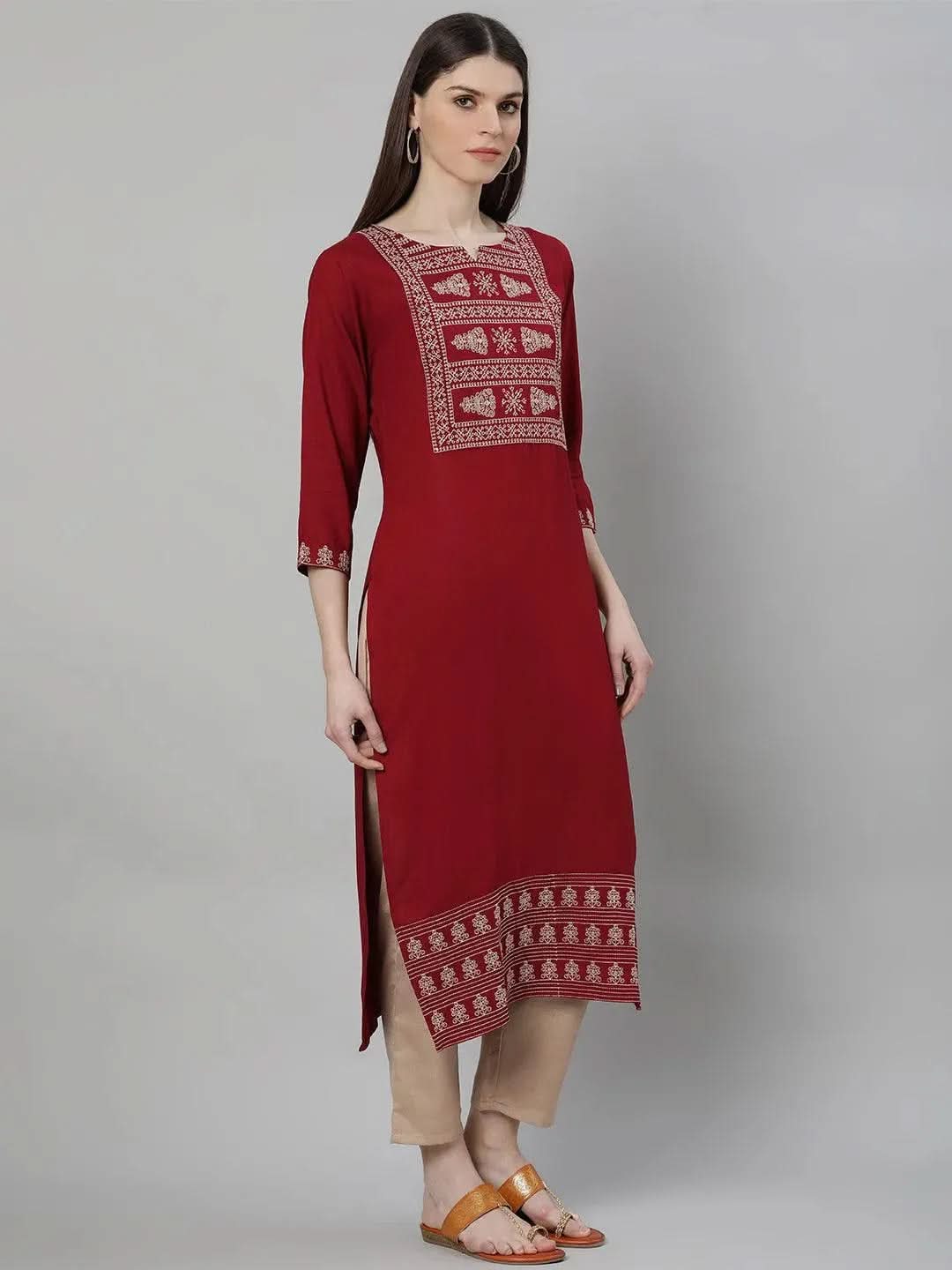Maroon Embroidered Rayon Kurta Set - Libas