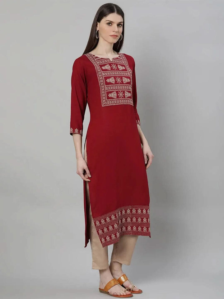 Maroon Embroidered Rayon Kurta Set - Libas