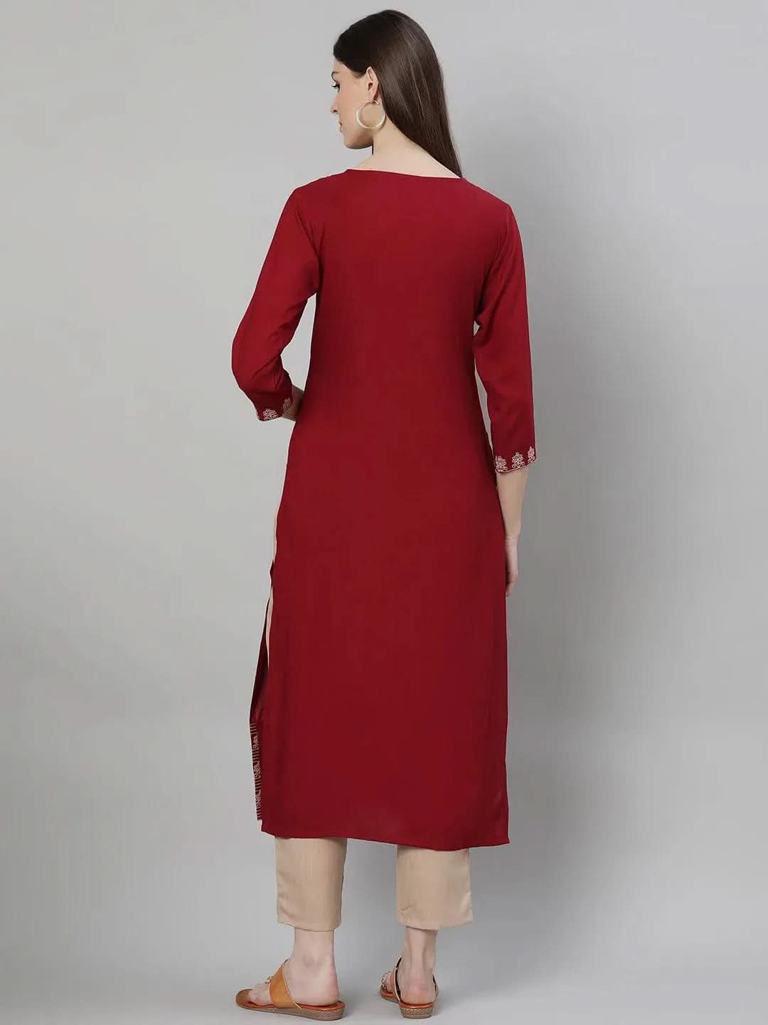 Maroon Embroidered Rayon Kurta Set - Libas