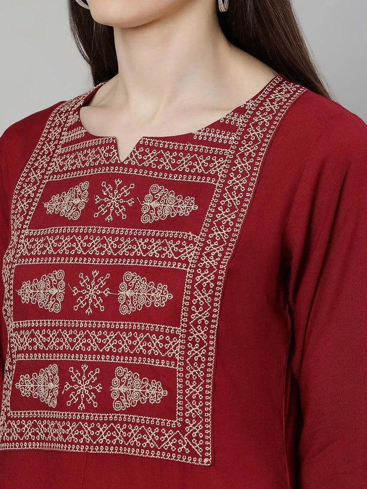 Maroon Embroidered Rayon Kurta Set - Libas