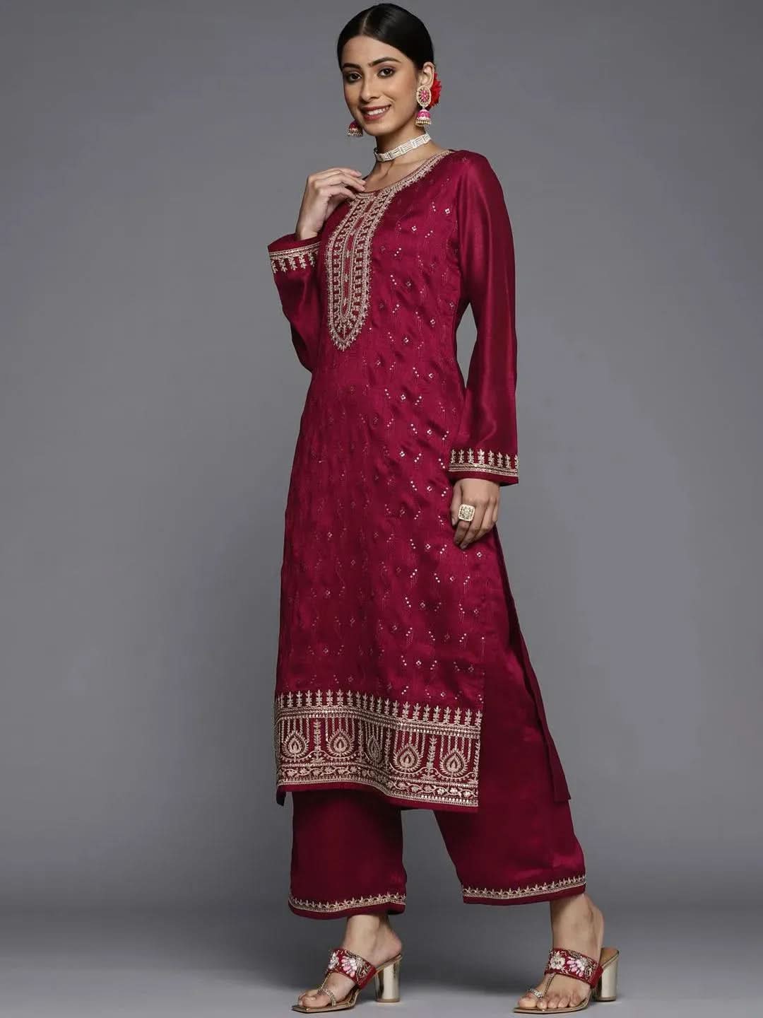 Maroon Embroidered Silk Blend Straight Kurta With Palazzos & Dupatta
Maroon Embroidered Silk Blend Straight Kurta With Palazzos & Dupatta