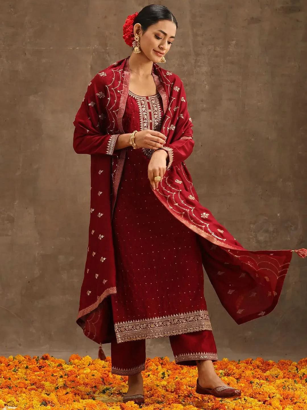 Maroon Embroidered Silk Blend Suit Set With Trousers - Libas