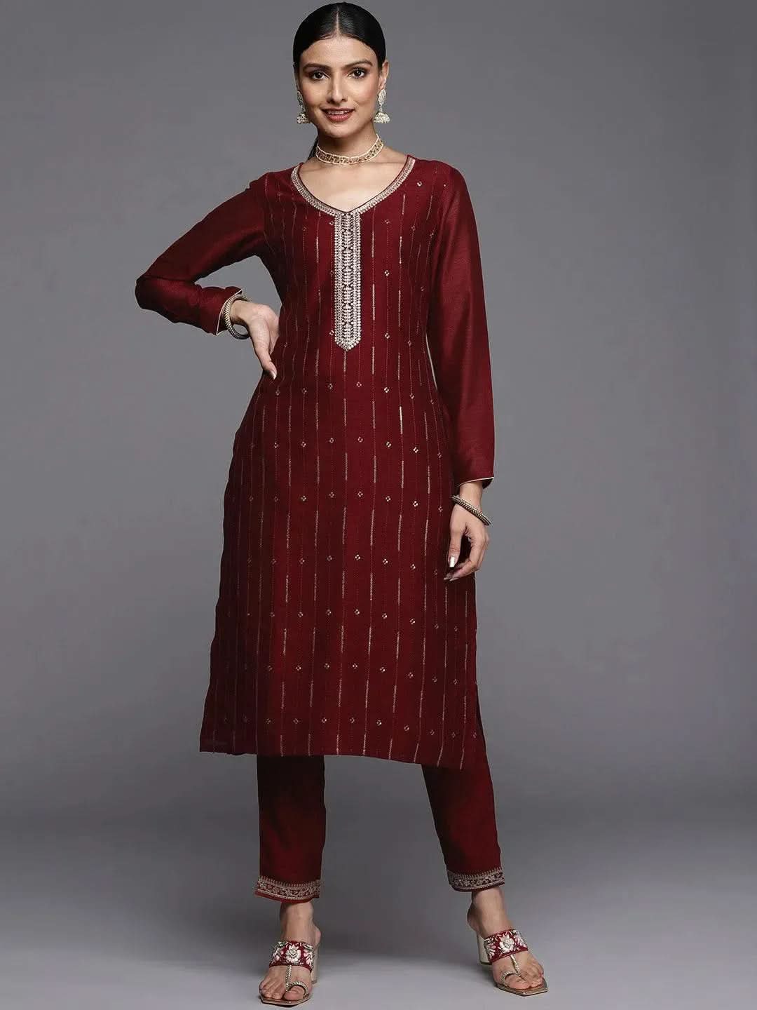 Maroon Embroidered Silk Straight Kurta - Libas