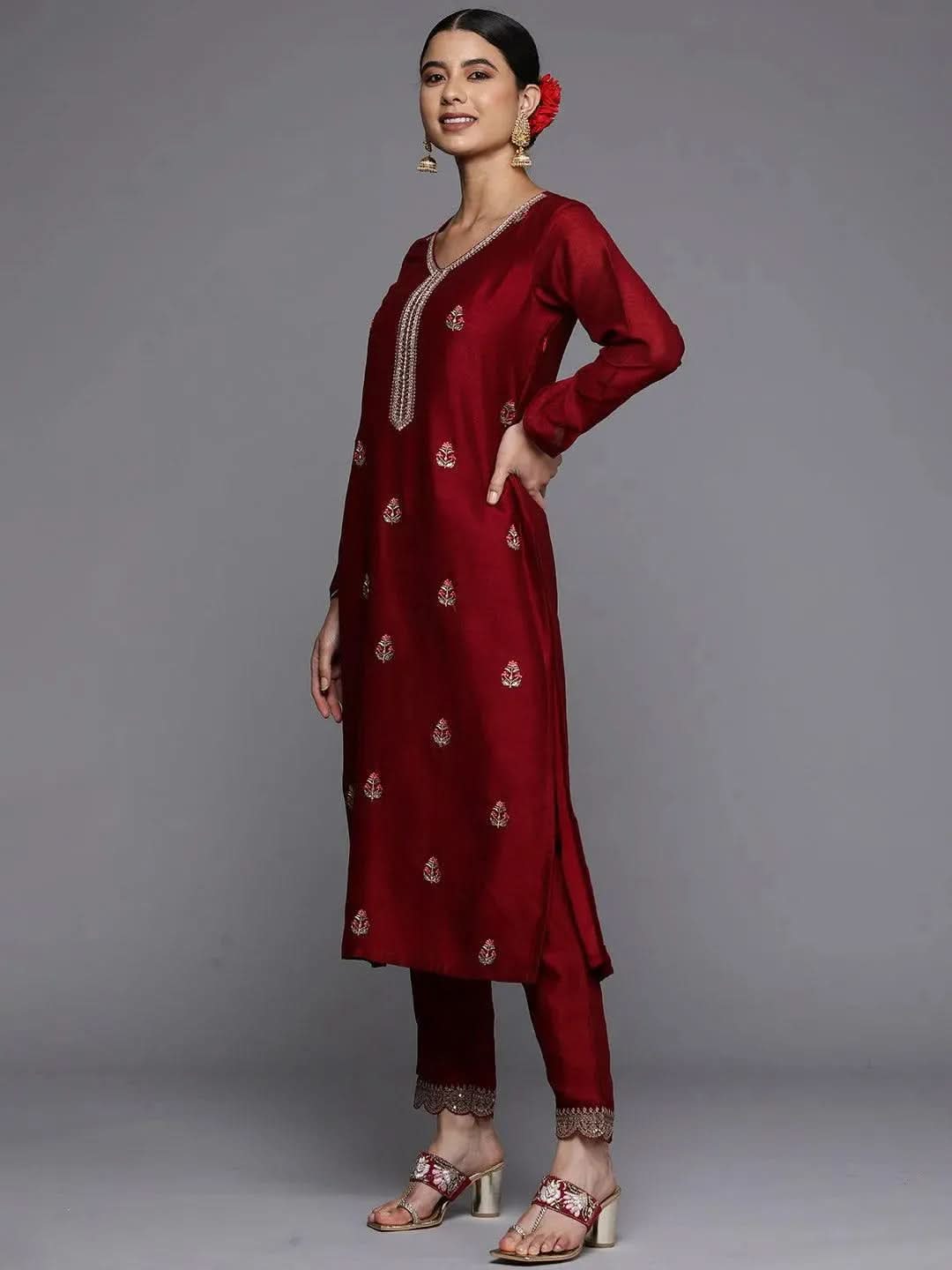 Maroon Embroidered Silk Straight Kurta - Libas