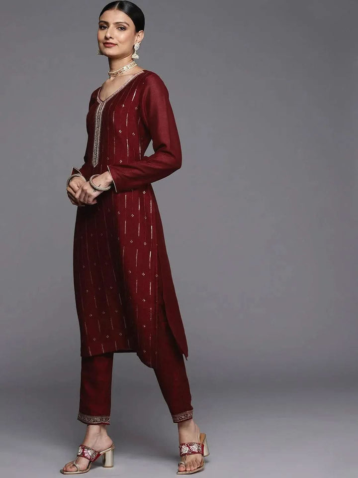Maroon Embroidered Silk Straight Kurta - Libas