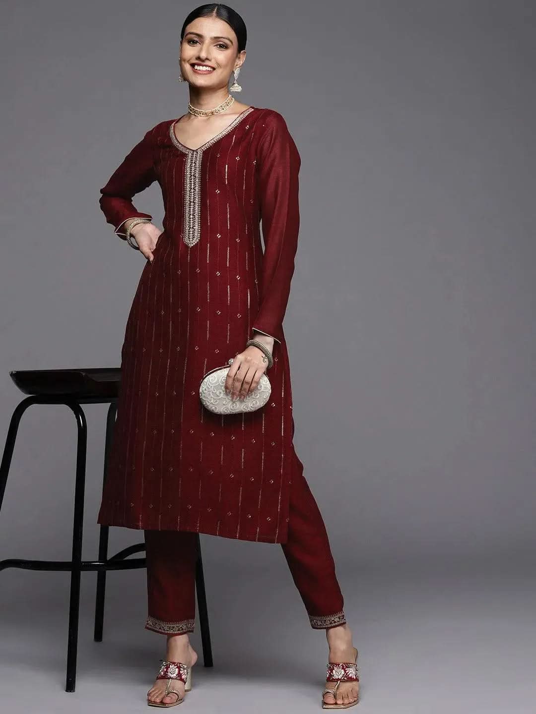 Maroon Embroidered Silk Straight Kurta - Libas