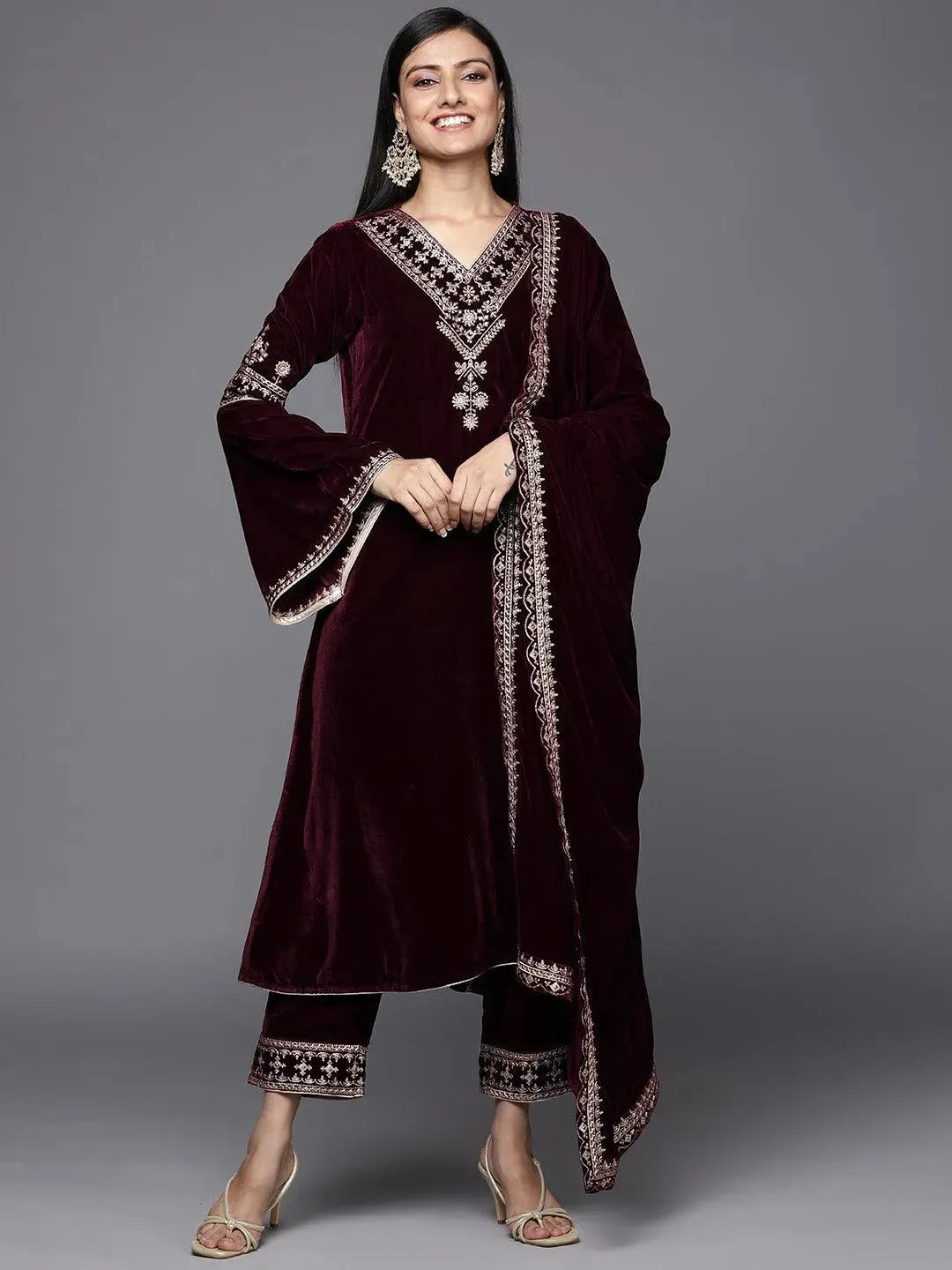 Maroon velvet deals suit women's