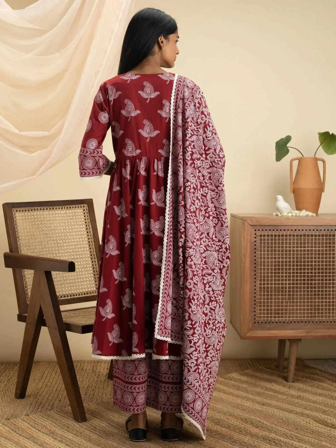 Maroon Printed Cotton Suit Set - Libas