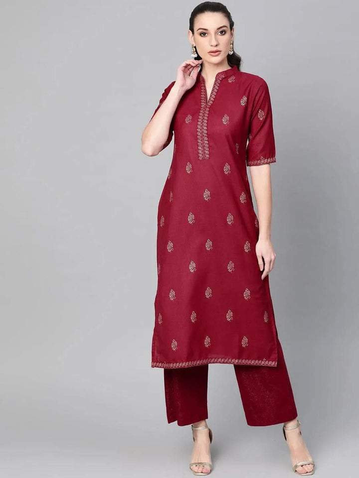 Maroon Printed Cotton Kurta - Libas