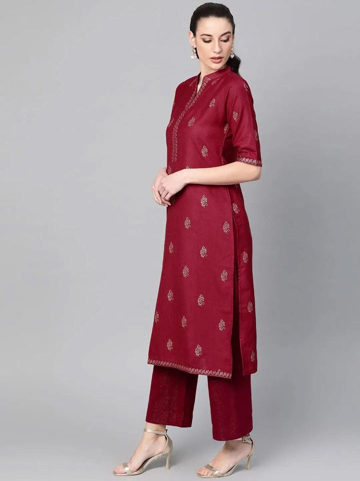 Maroon Printed Cotton Kurta - Libas