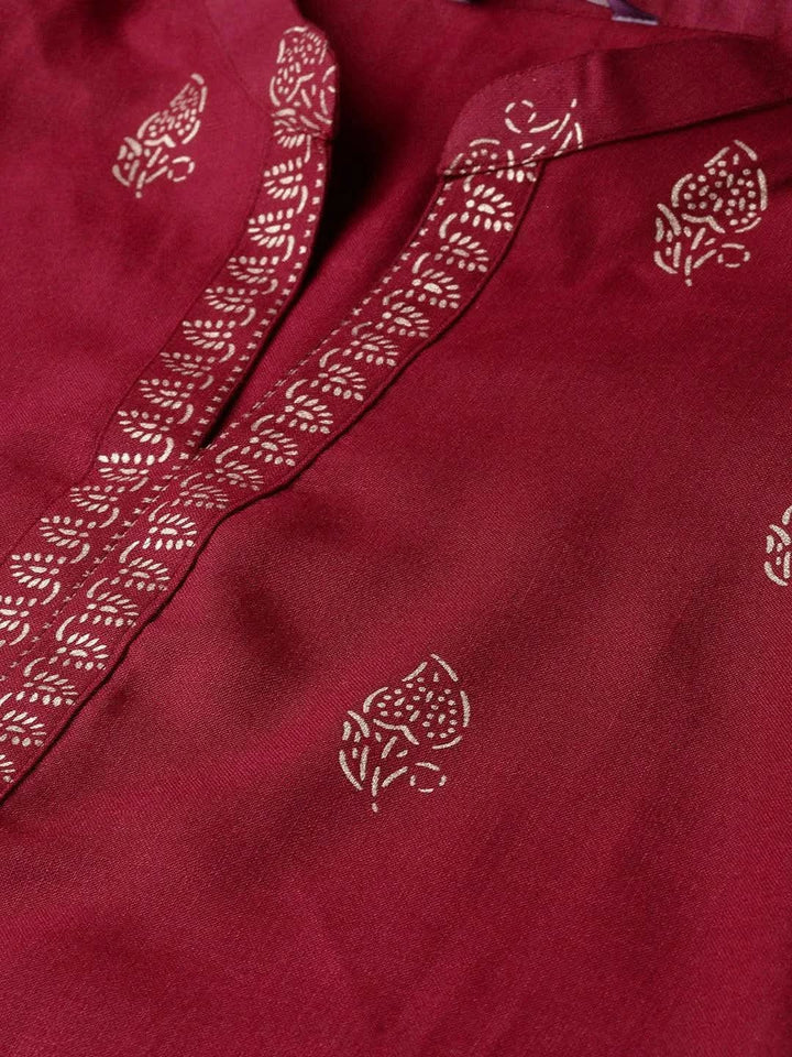 Maroon Printed Cotton Kurta - Libas