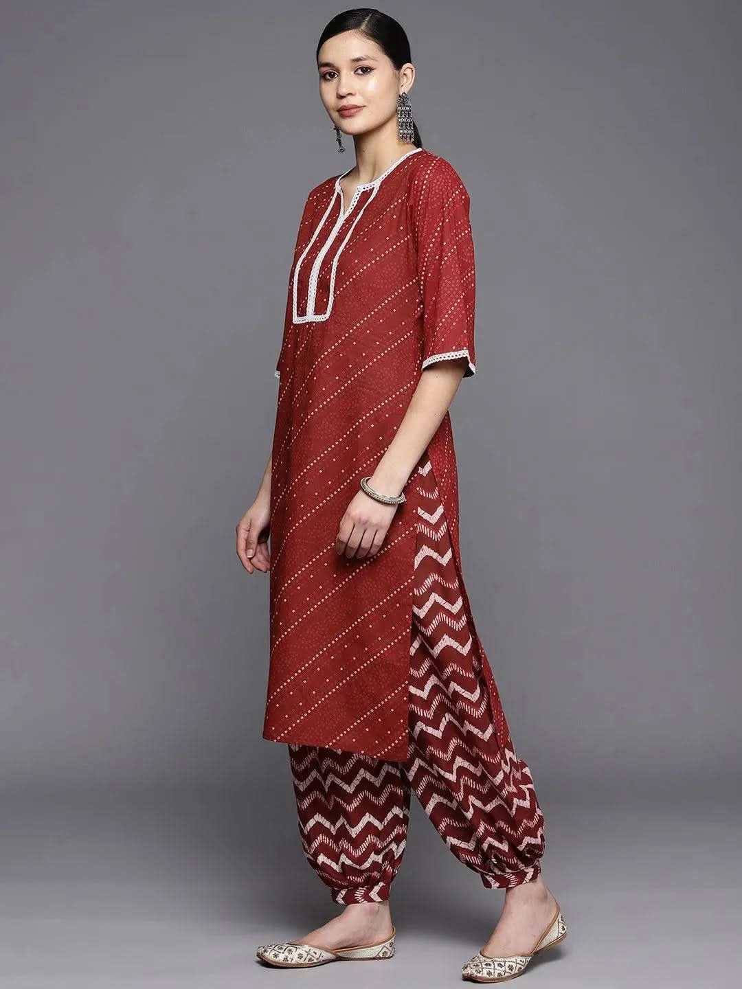 Maroon Printed Cotton Straight Kurta Set With Salwar - Libas
