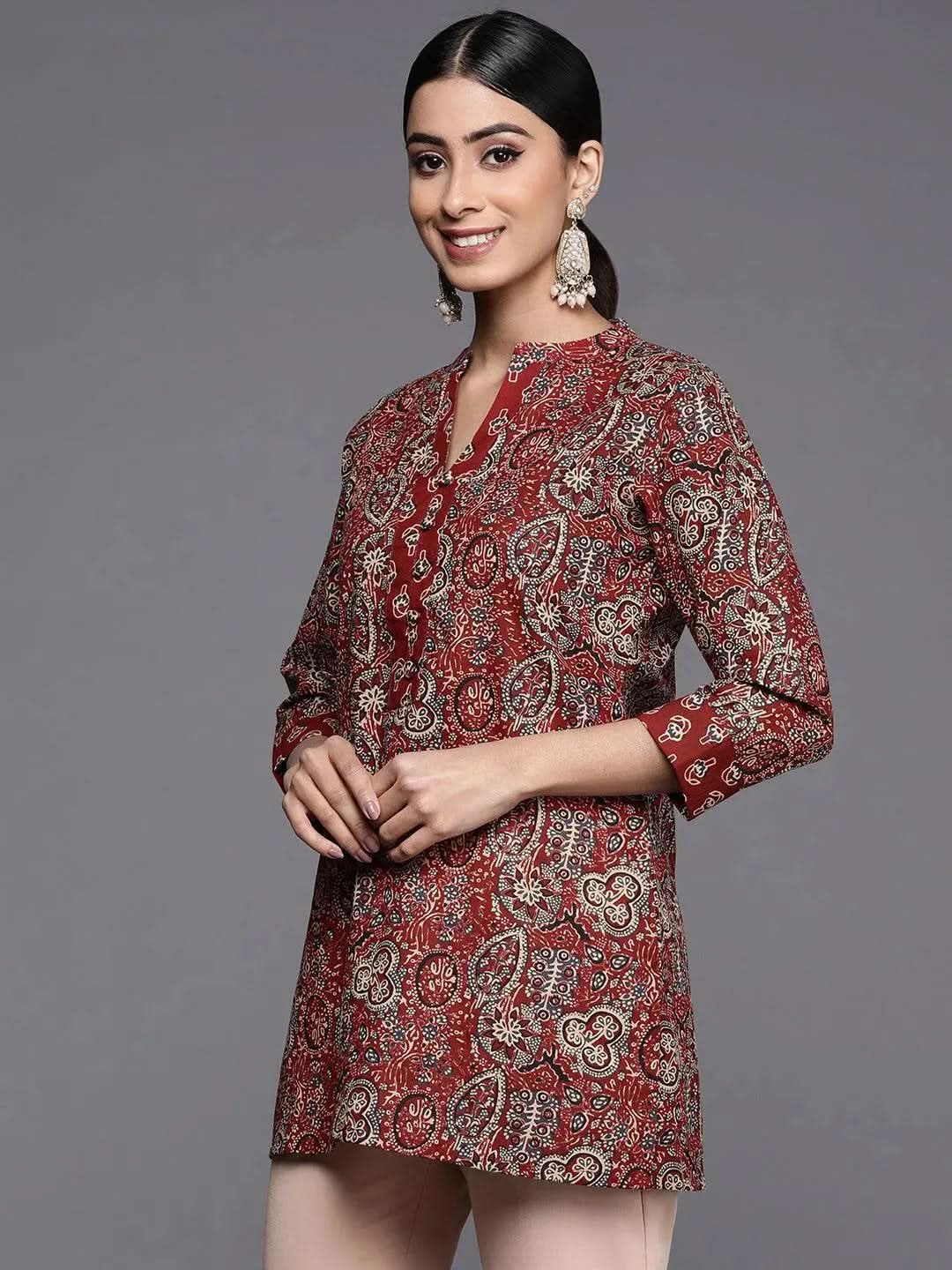 Maroon Printed Cotton Straight Kurti - Libas