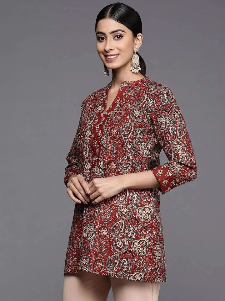 Maroon Printed Cotton Straight Kurti - Libas