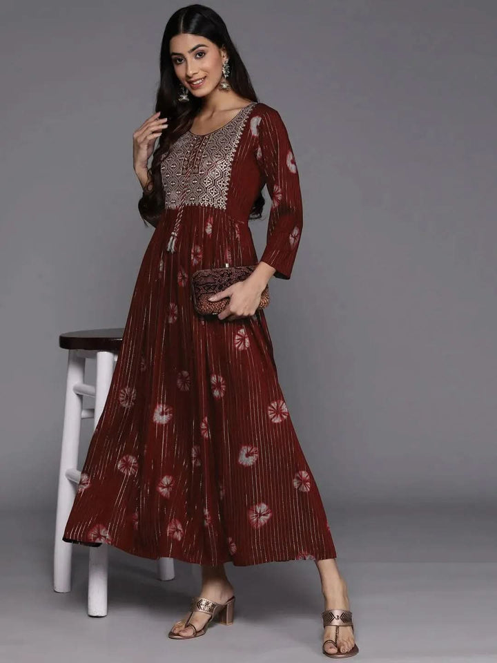 Maroon Printed Fit and Flare Rayon Dress - Libas
