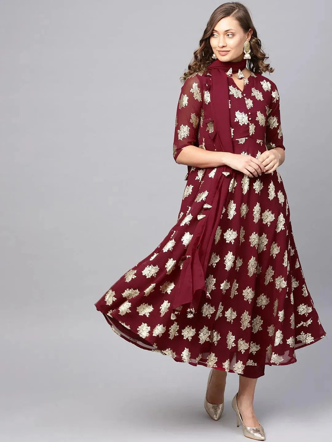 Maroon Printed Georgette Suit Set - Libas