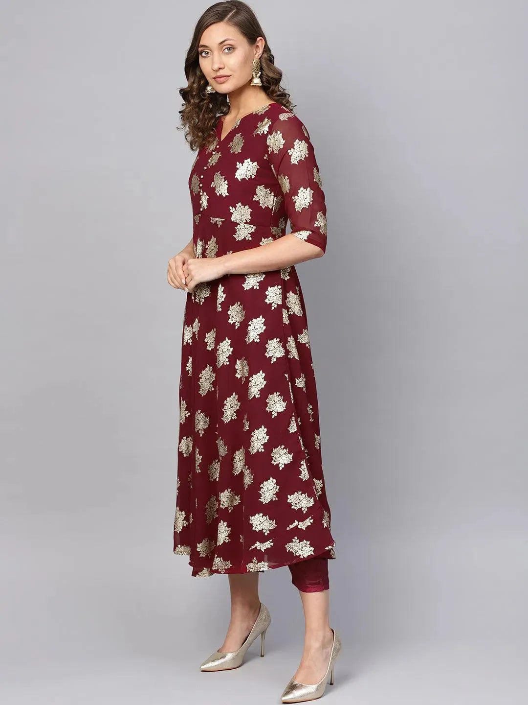 Maroon Printed Georgette Suit Set - Libas