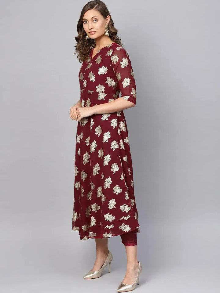 Maroon Printed Georgette Suit Set - Libas