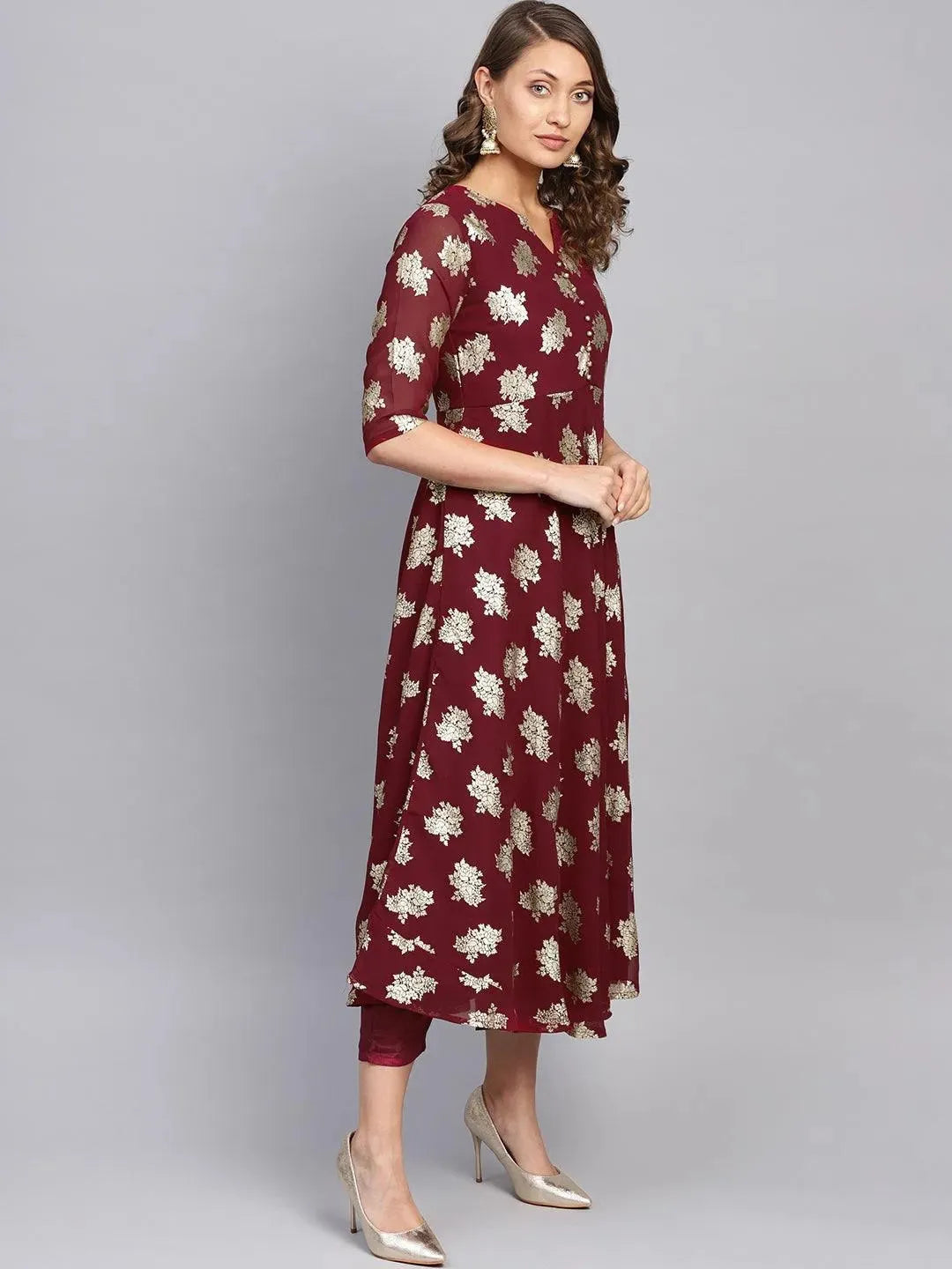Maroon Printed Georgette Suit Set - Libas