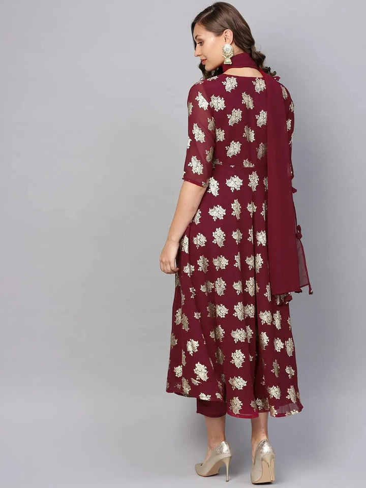 Maroon Printed Georgette Suit Set - Libas