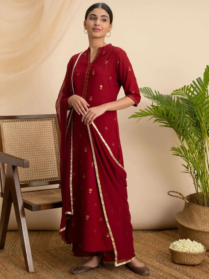 Maroon Printed Rayon Suit Set - Libas