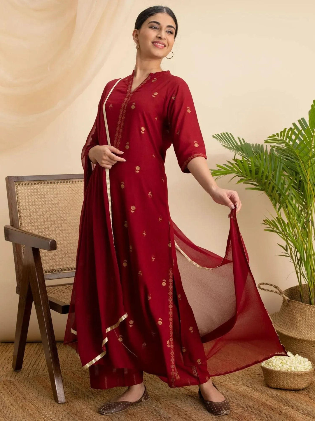 Maroon Printed Rayon Suit Set - Libas