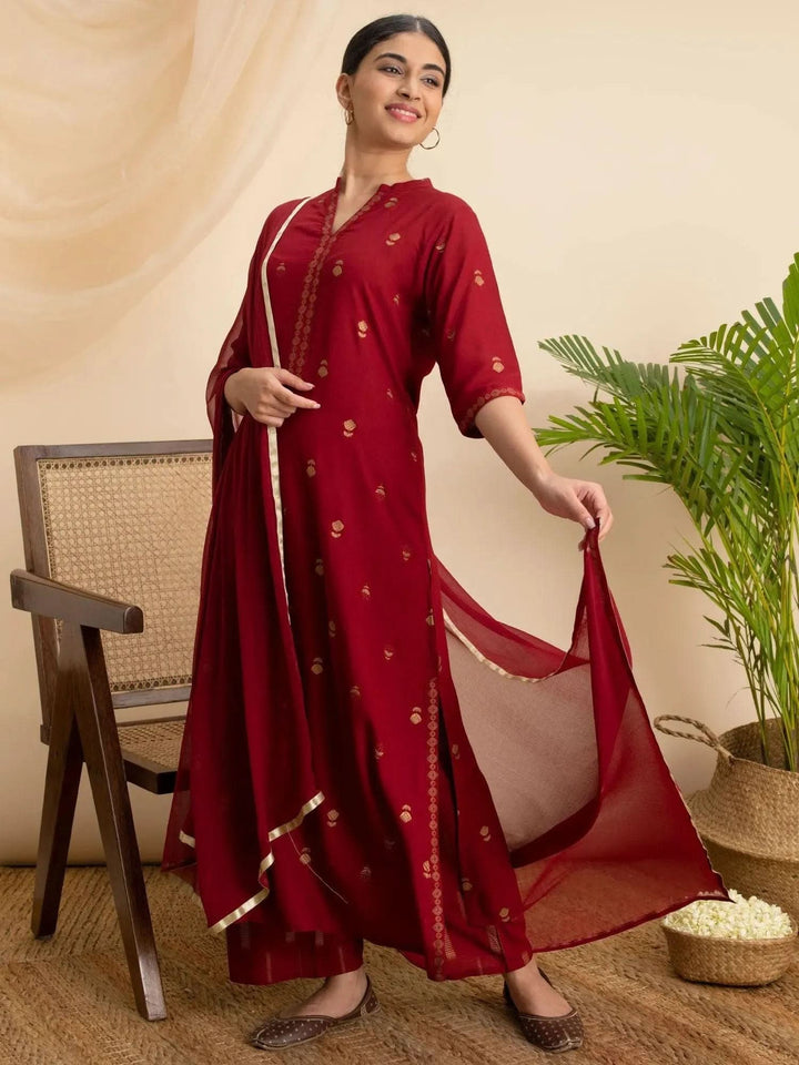 Maroon Printed Rayon Suit Set - Libas