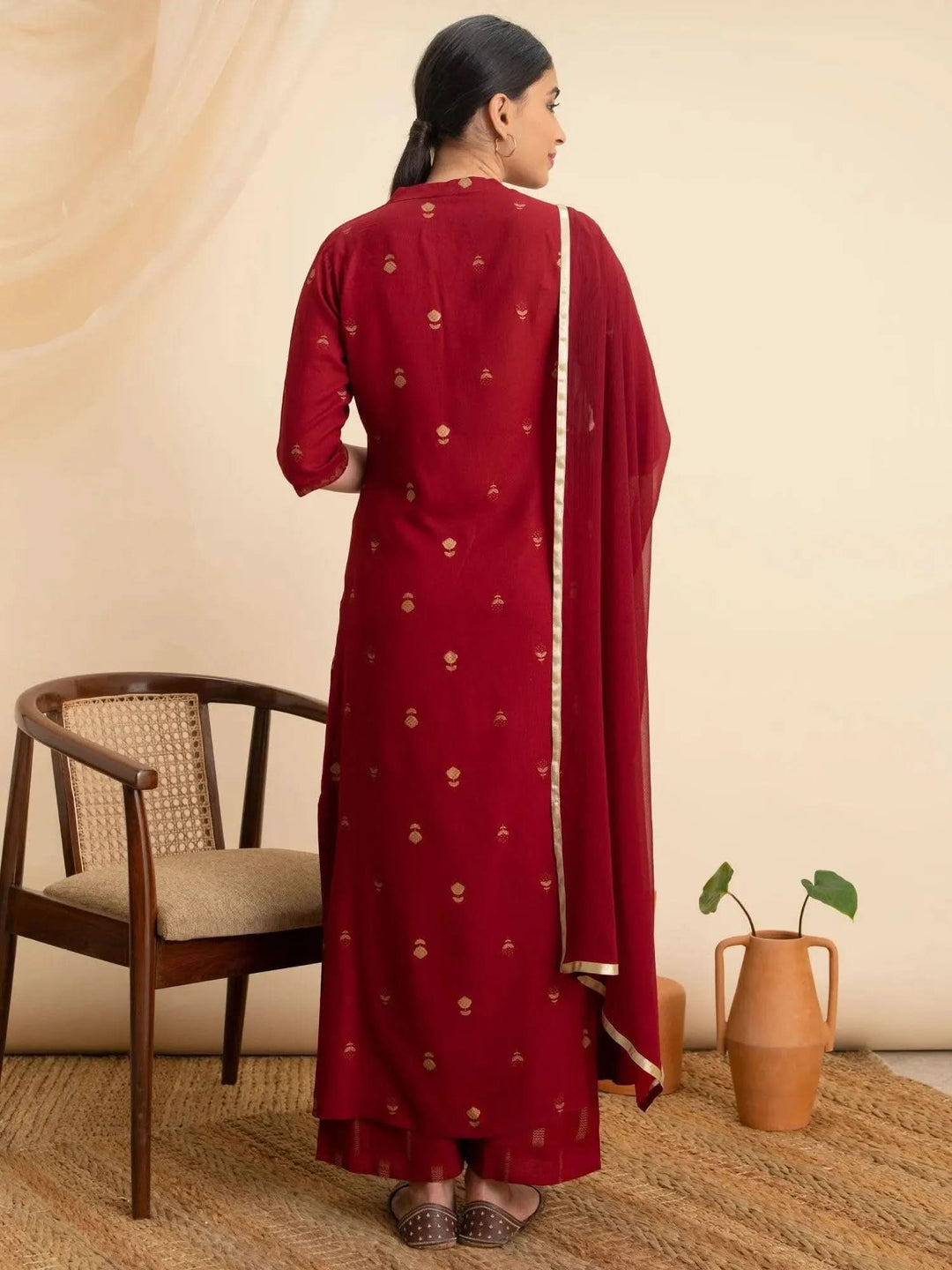 Maroon Printed Rayon Suit Set - Libas