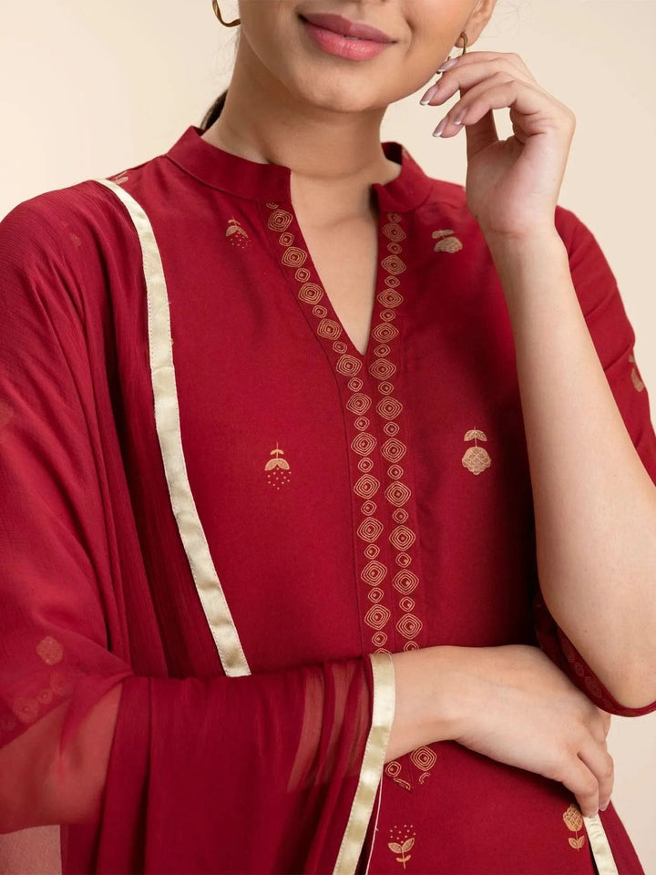 Maroon Printed Rayon Suit Set - Libas