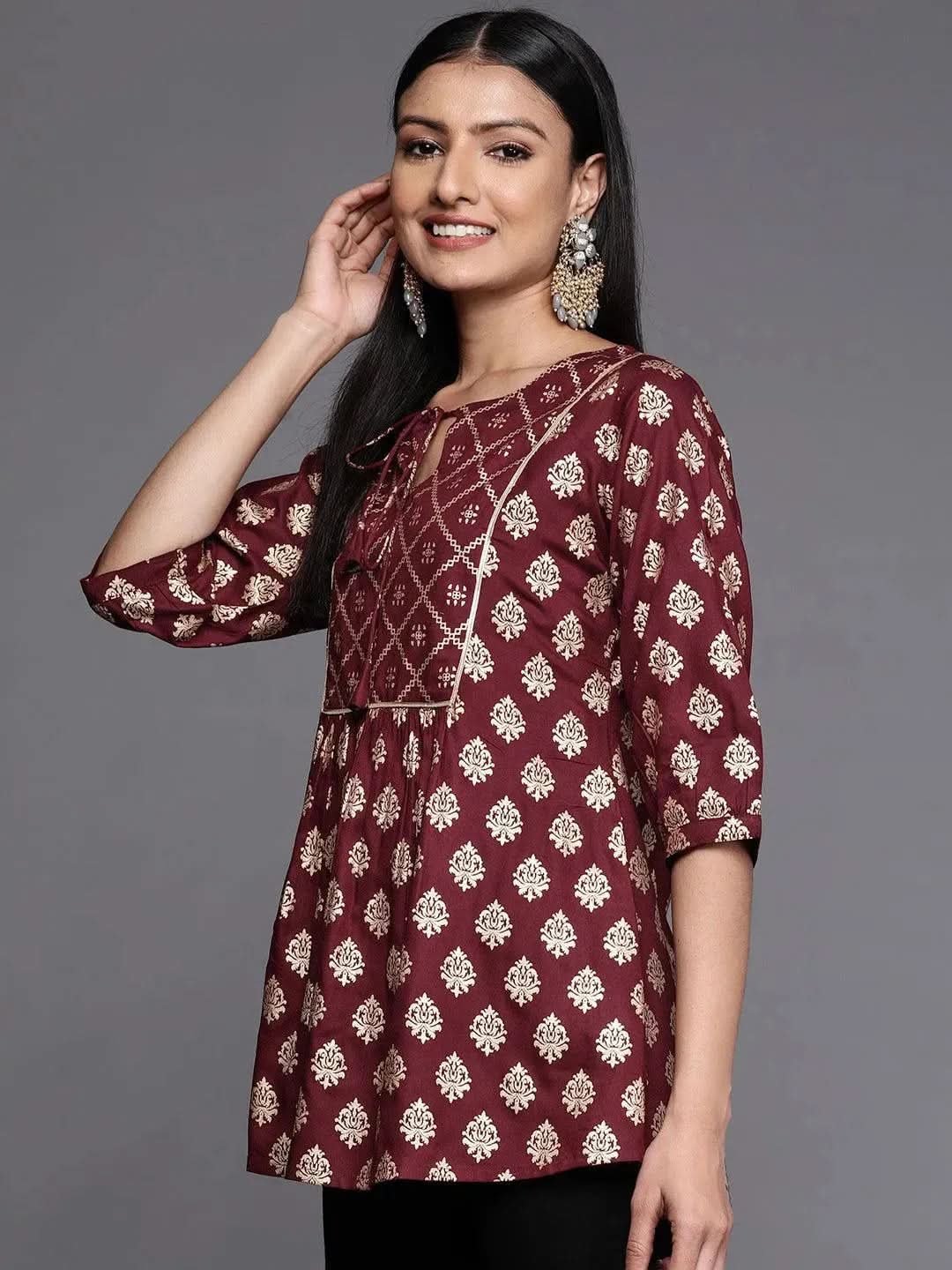 Maroon Printed Rayon A-Line Kurti - Libas