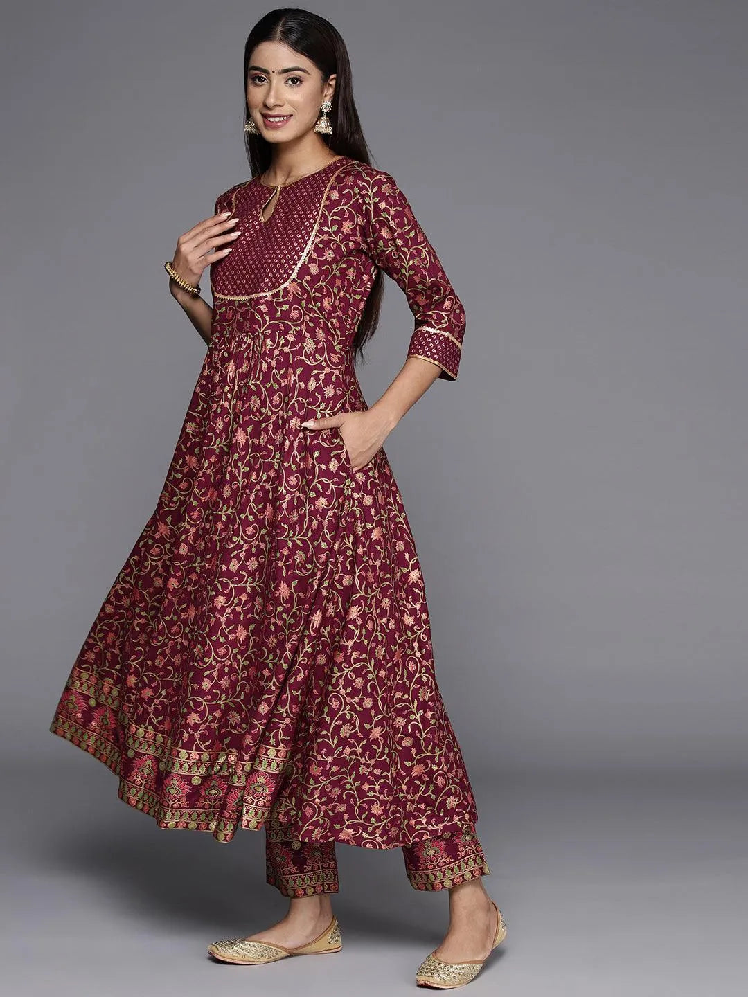 Maroon Printed Rayon Anarkali Kurta With Trousers & Dupatta - Libas