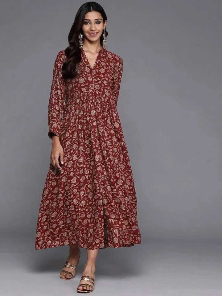 Maroon Printed Rayon Fit and Flare Dress - Libas
