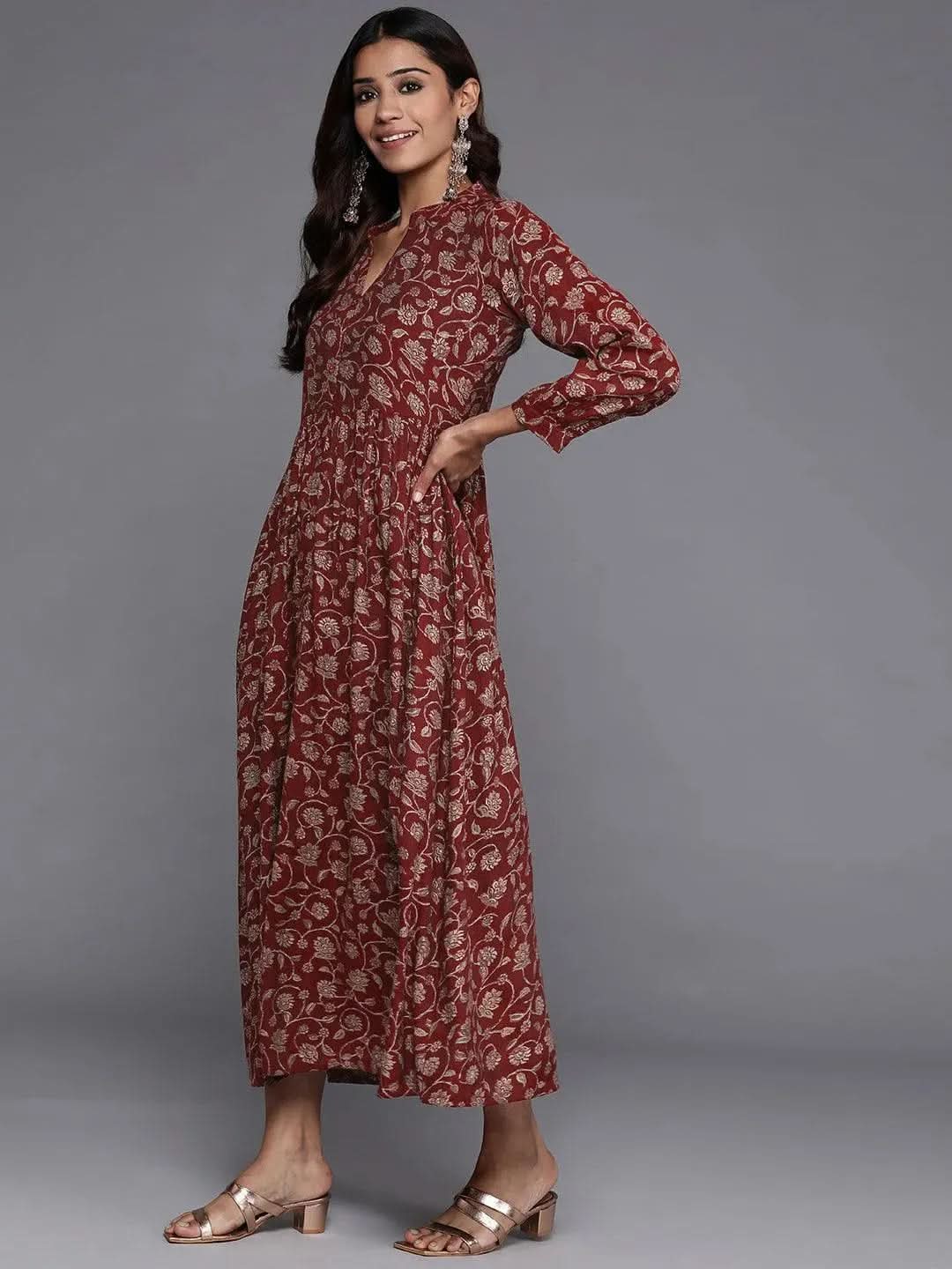 Maroon Printed Rayon Fit and Flare Dress - Libas