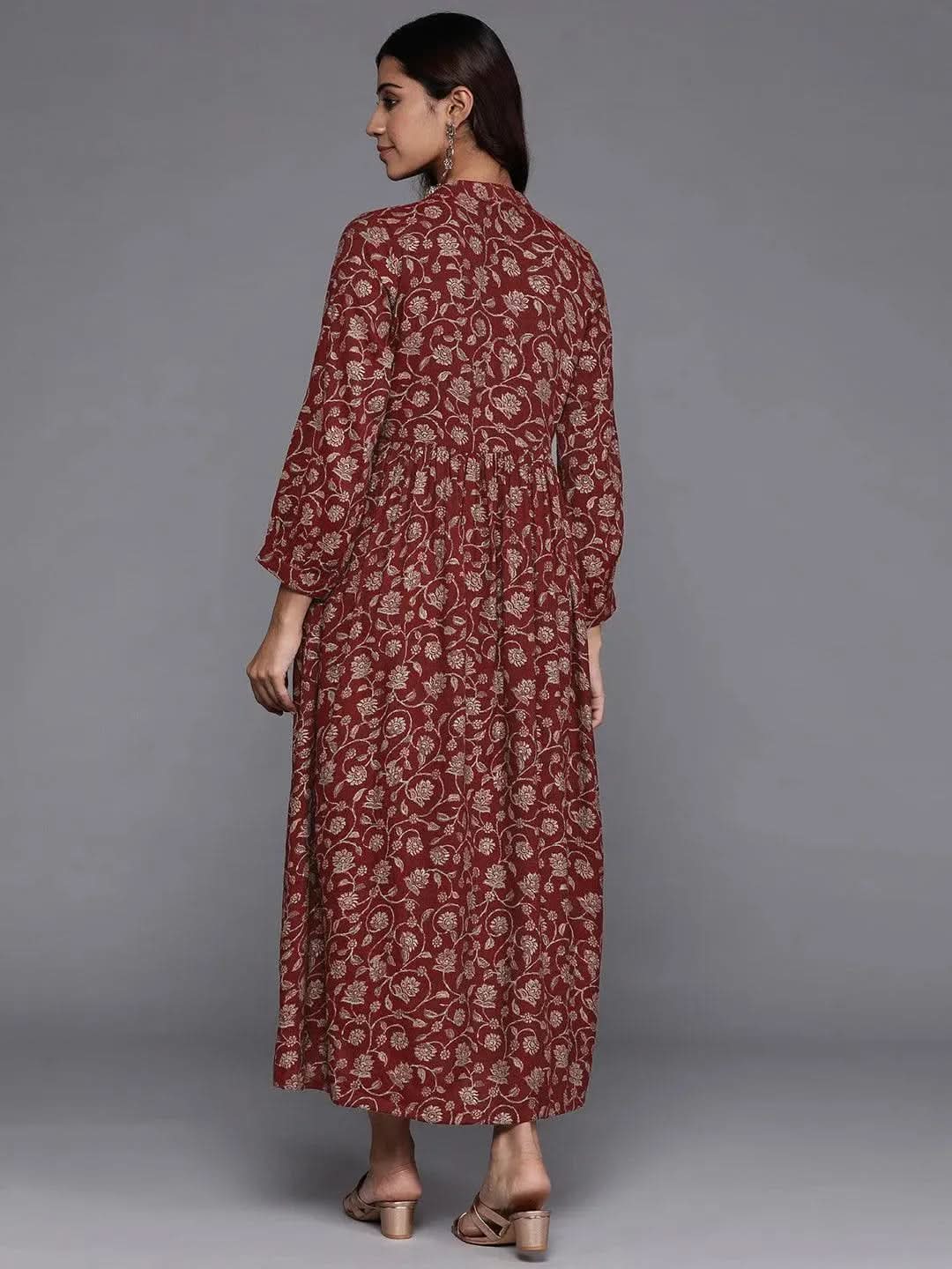 Maroon Printed Rayon Fit and Flare Dress - Libas