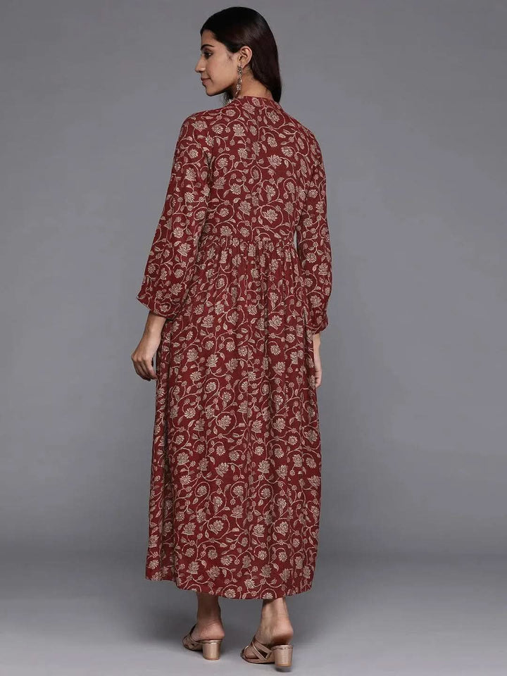 Maroon Printed Rayon Fit and Flare Dress - Libas