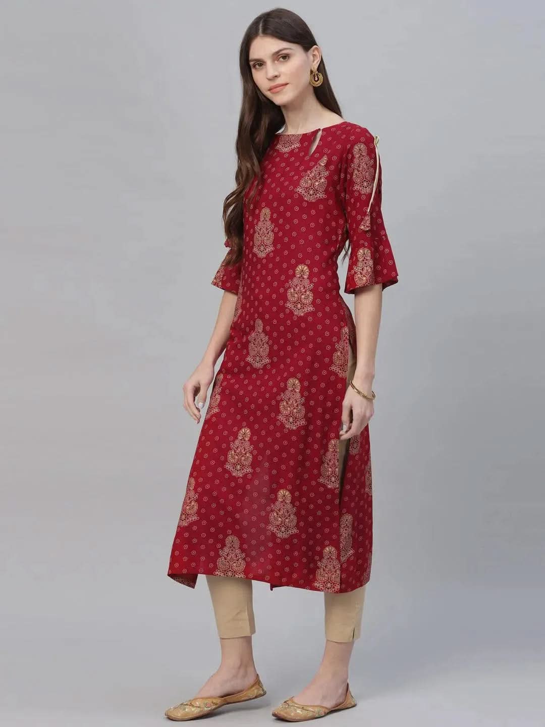 Maroon Printed Rayon Kurta - Libas