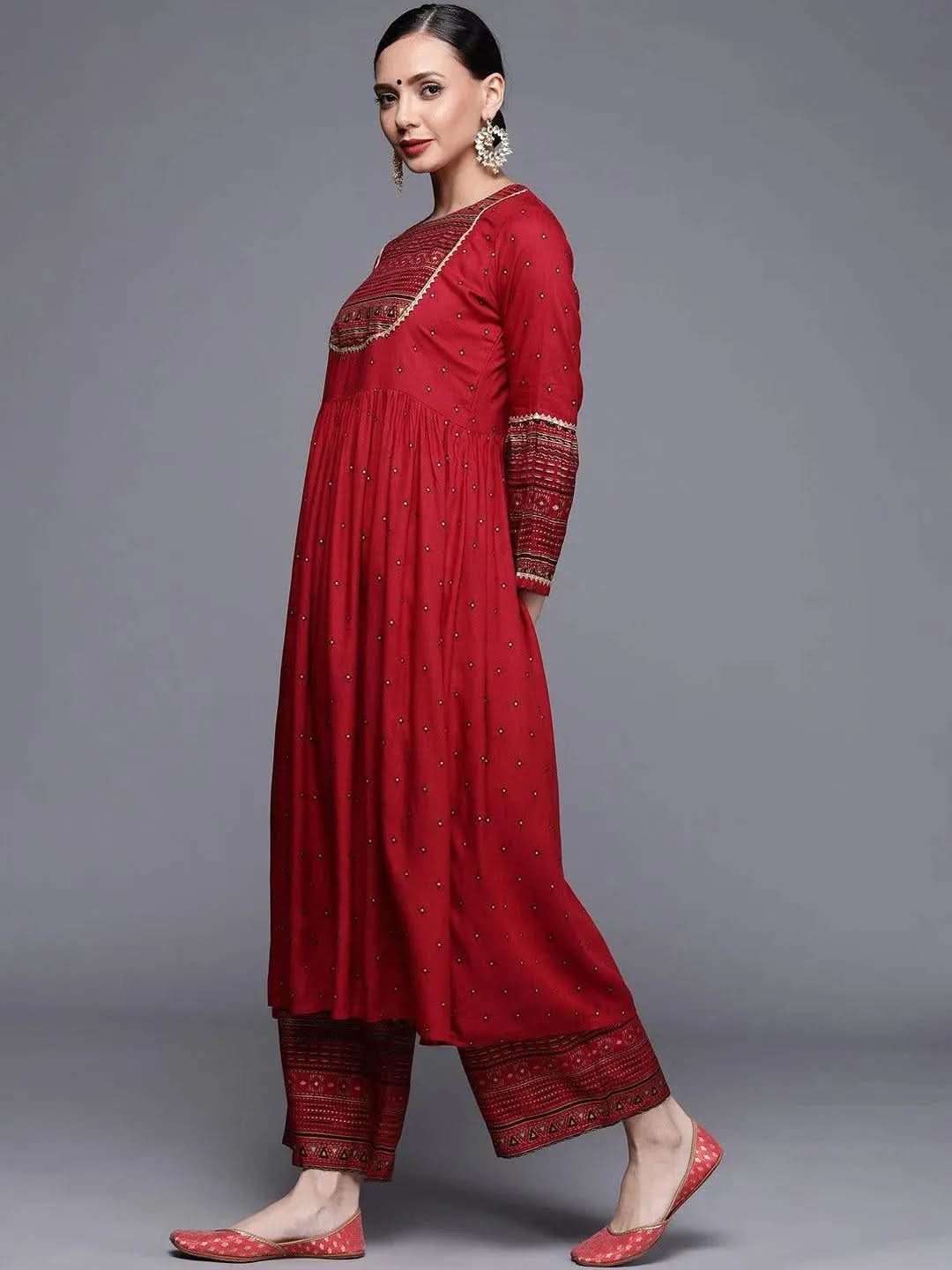 Maroon Printed Rayon Kurta - Libas