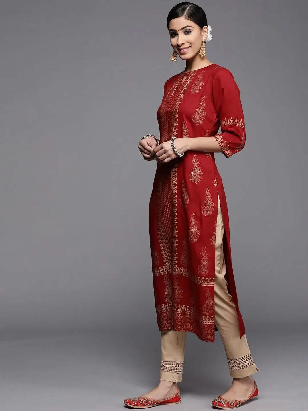 Maroon Printed Rayon Kurta - Libas