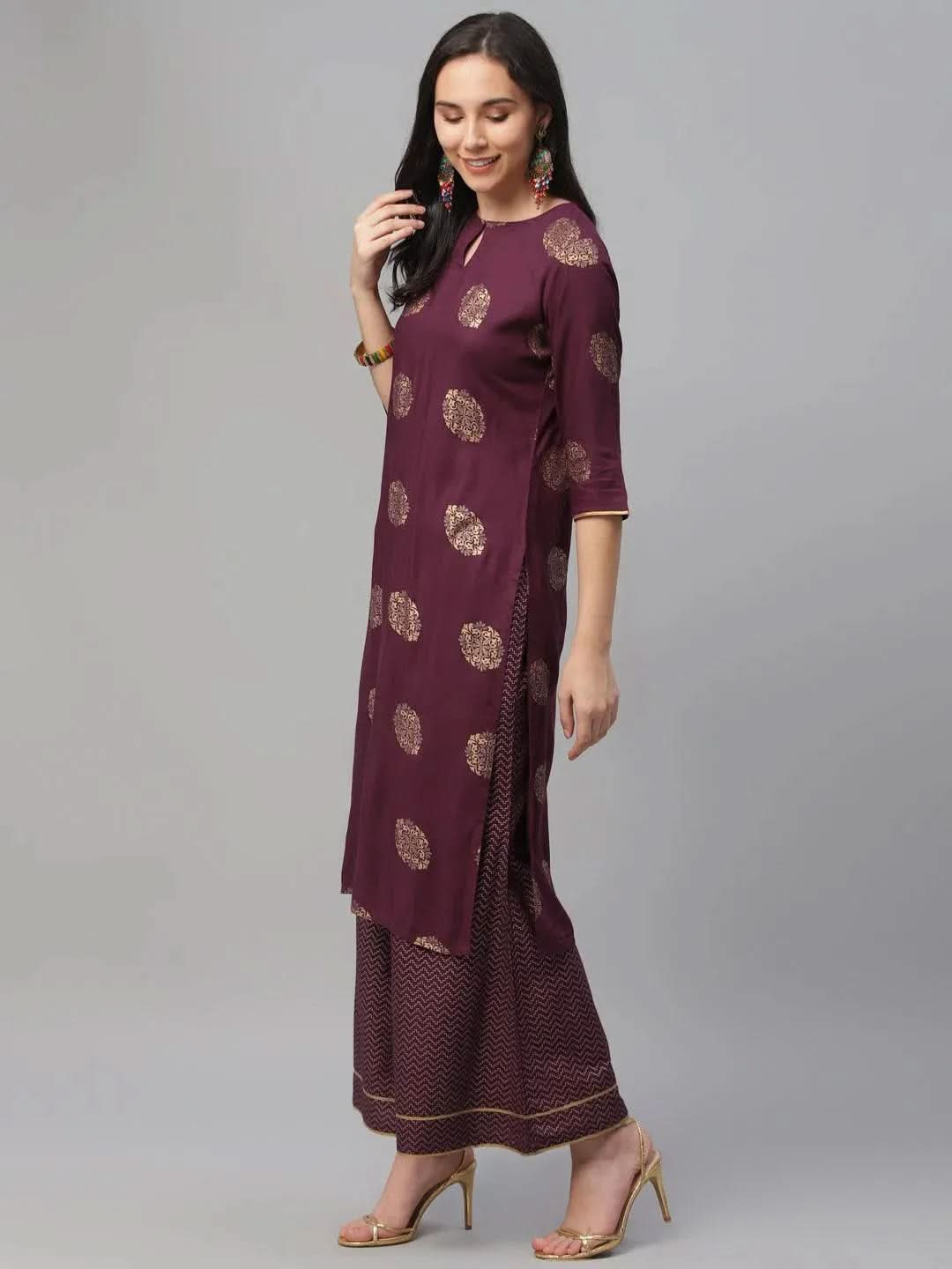 Maroon Printed Rayon Suit Set - Libas