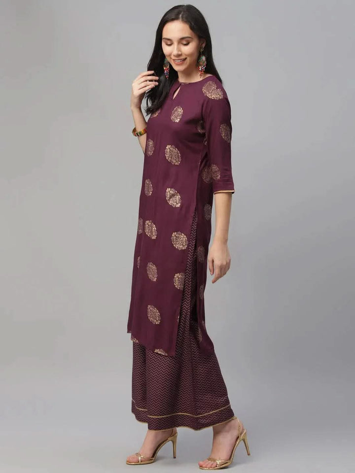 Maroon Printed Rayon Suit Set - Libas